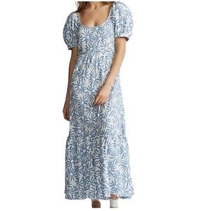 Ralph Lauren 100 % Linen Kai Blue and White Puff Sleeve Sundress.